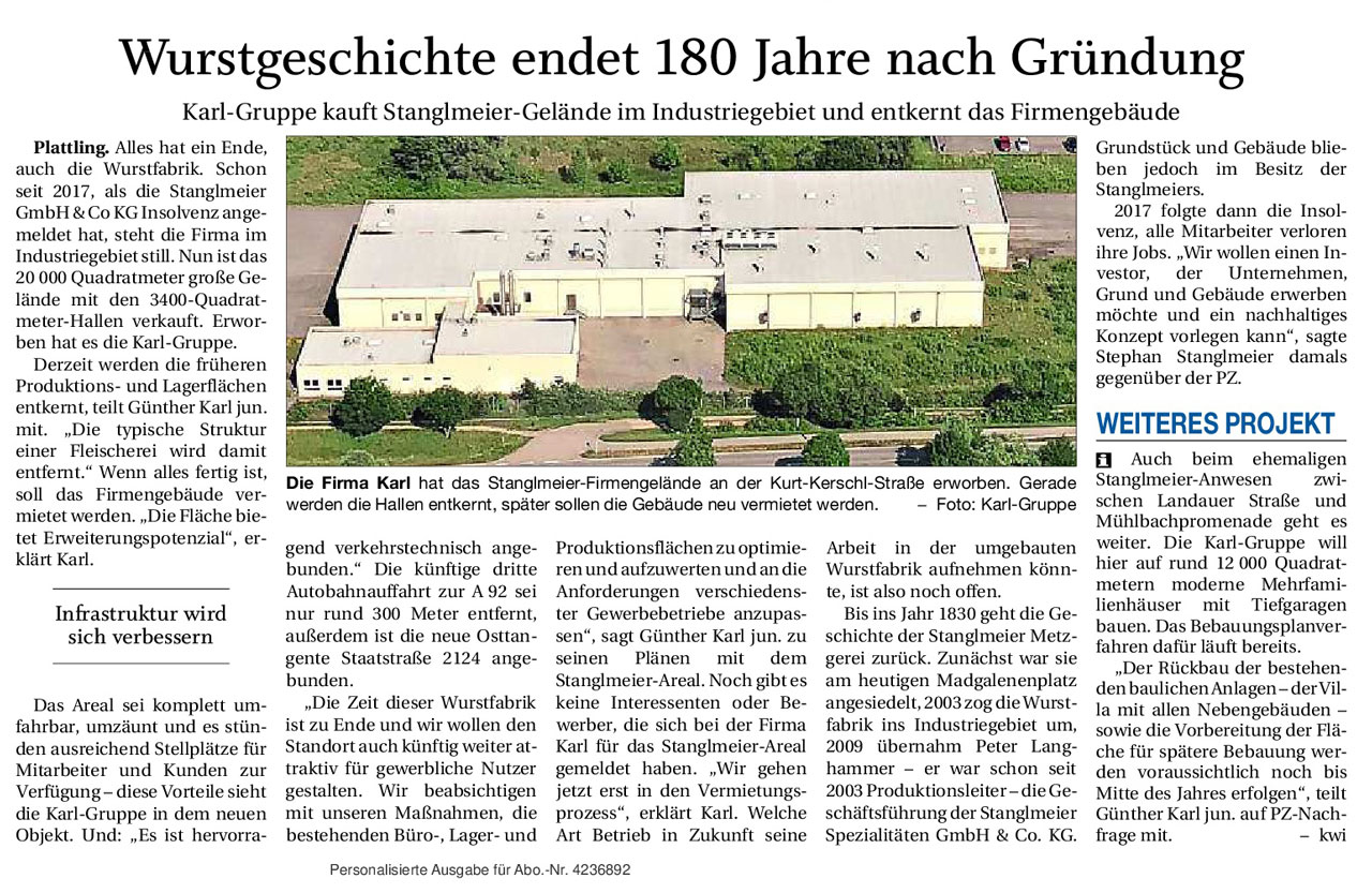 Zeitungsbericht PNP, Industriegebiet Plattling, ehem. Stanglmeier-Wurstfabrik, Entkernung, Attraktiver Standort