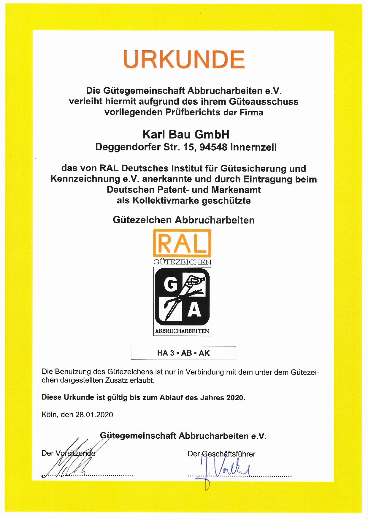 Urkunde RAL Gütezeichen - Abbrucharbeiten, Gültigkeit 2020