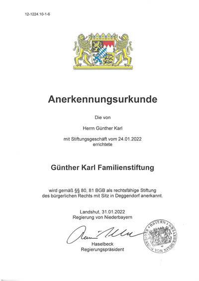 Günther Karl Familienstiftung Urkunde